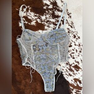 Women’s Lingerie Sheer Bodysuit | Muted Blue & Green 3D Embroidered | Sz: M